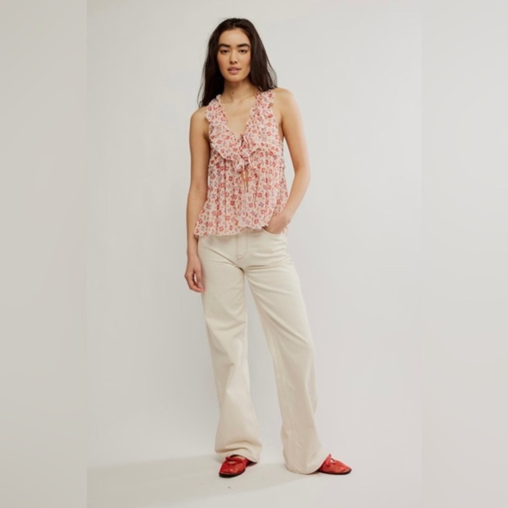 NWT Free People Fearless Knit Tank Top Ivory Combo Floral Ruffle Size S